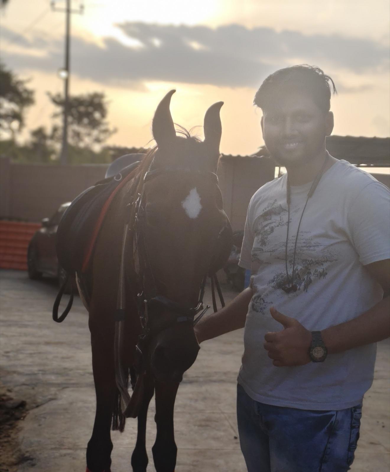 Guide and horse at sunset